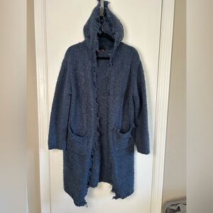 POL BLUE DISTRESSED EYELASH CARDIGAN SWEATER WITH HOOD AND POCKETS SIZE MEDIUM